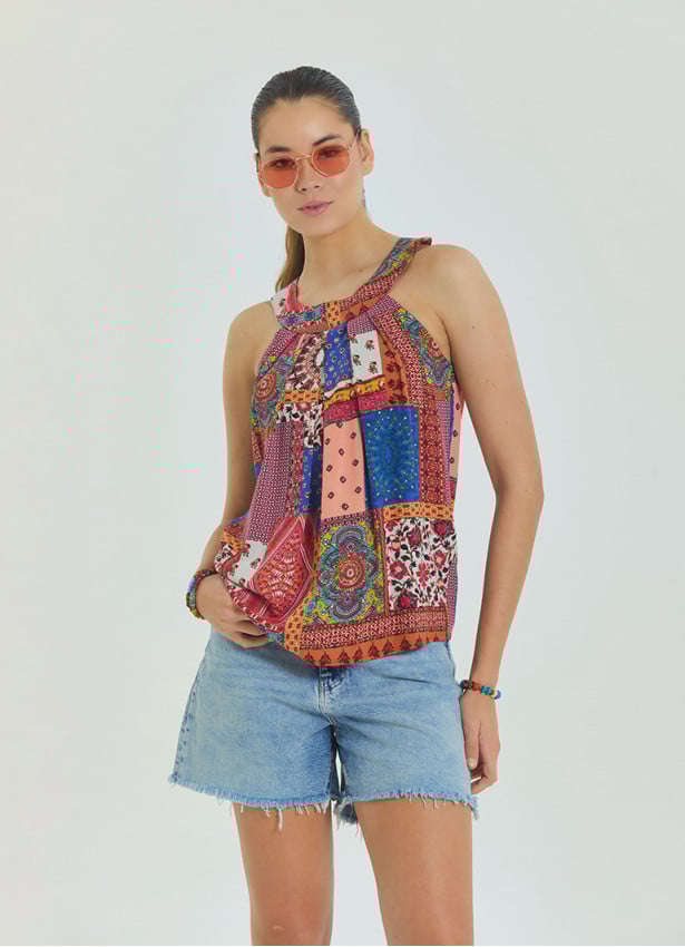 Halter Neck Button Detail Pleated Blue Sleeveless Blouse 4676